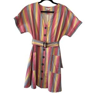 𝅺moon River Rainbow Stripe Cotton Linen Mini Dress Pockets Belted Large Revolve